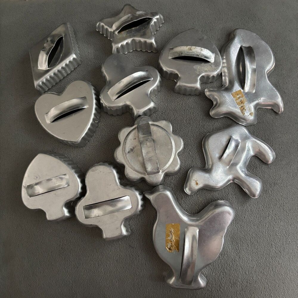 Vintage Metal Cookie Cutters Set 11 Aluminum Assorted Shapes Baking Kitchen